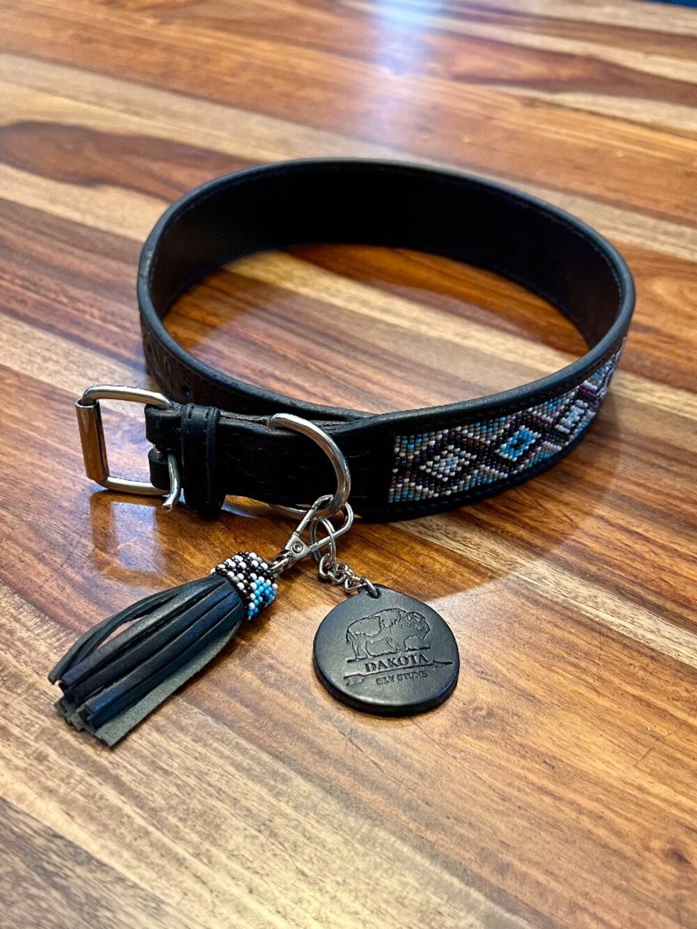 Genuine Leather Tooled Beaded Dog Collar, XL  "NEW"